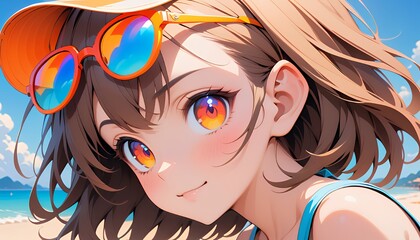 Cheerful Anime Girl in Orange Sunglasses on a Sunny Beach