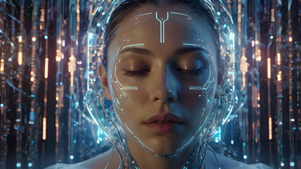 A futuristic and cybernetic close-up portrait of a woman with closed eyes, immersed in a digital environment