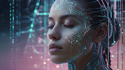 A futuristic and cybernetic close-up portrait of a woman with closed eyes, immersed in a digital environment