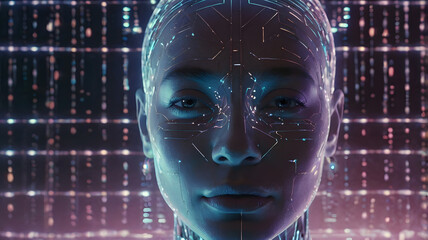 A futuristic and cybernetic close-up portrait of a woman with closed eyes, immersed in a digital environment