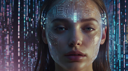 A futuristic and cybernetic close-up portrait of a woman with closed eyes, immersed in a digital environment