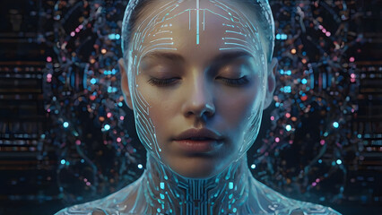 A futuristic and cybernetic close-up portrait of a woman with closed eyes, immersed in a digital environment