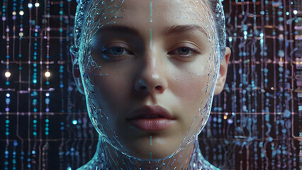 A futuristic and cybernetic close-up portrait of a woman with closed eyes, immersed in a digital environment