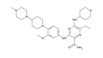 gilteritinib molecule, structural chemical formula, ball-and-stick model, isolated image antineoplastic agents