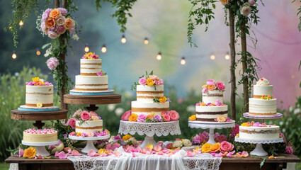 A gorgeous display of beautifully decorated cakes with fresh flowers creates a celebratory atmosphere.