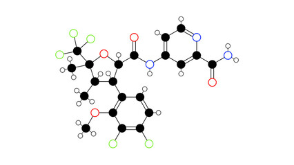 suzetrigine molecule, structural chemical formula, ball-and-stick model, isolated image analgesic