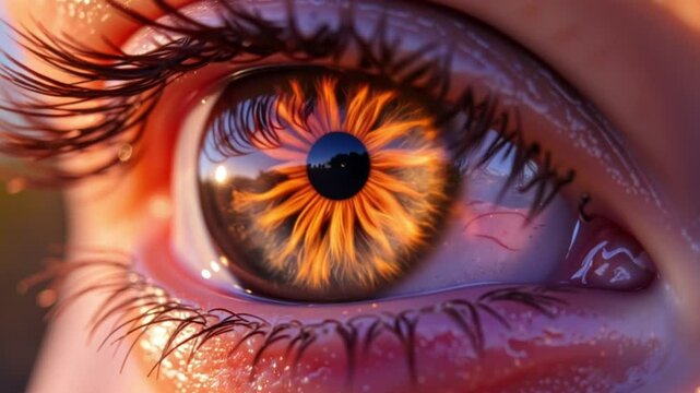 Close-up of an eye with fiery iris colors and reflections  