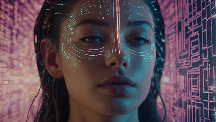 A futuristic and cybernetic close-up portrait of a woman with closed eyes, immersed in a digital environment
