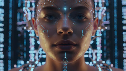 A futuristic and cybernetic close-up portrait of a woman with closed eyes, immersed in a digital environment