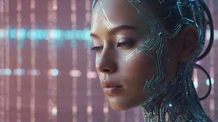A futuristic and cybernetic close-up portrait of a woman with closed eyes, immersed in a digital environment