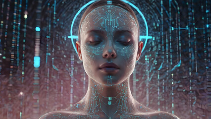 A futuristic and cybernetic close-up portrait of a woman with closed eyes, immersed in a digital environment
