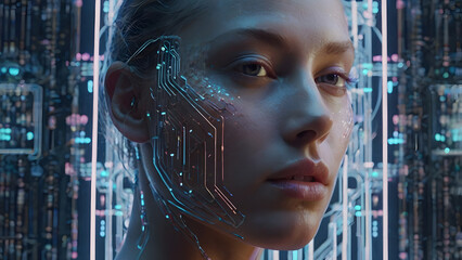 A futuristic and cybernetic close-up portrait of a woman with closed eyes, immersed in a digital environment