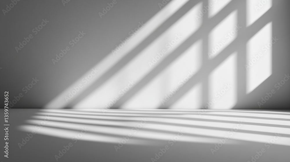 Poster sunlit room interior with stark white walls and floors dramatically illuminated by diagonal shadows 