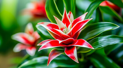 An eye-catching bromeliad featuring vibrant red and white flower bracts, elegantly framed by glossy green leaves.