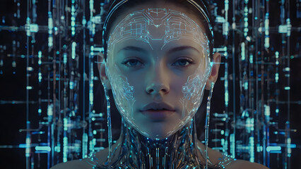 A futuristic and cybernetic close-up portrait of a woman with closed eyes, immersed in a digital environment