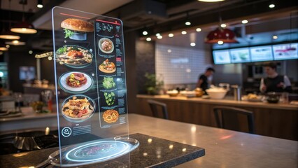 Modern restaurant with a digital menu display showcasing various dishes.