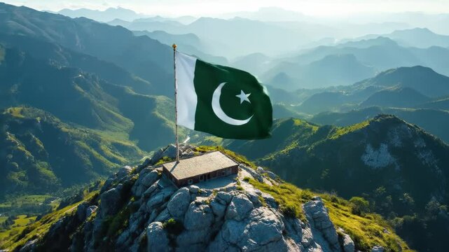 Drone aerial view of a Pakistan flag flying on a mountain Pakistan Independence Day concept