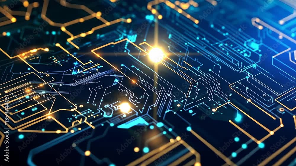 Poster complex circuit board design showcasing intricate pathways and glowing connections with a futuristic