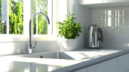 Fototapeta premium A bright kitchen scene featuring a sink, kettle, and a potted plant by a window.