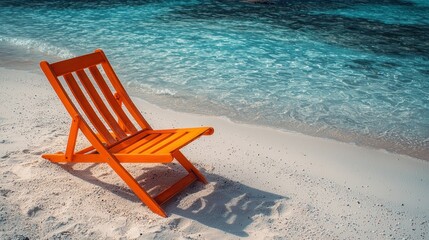 Orange beach chair, tropical shore, calm ocean, sunny day, vacation