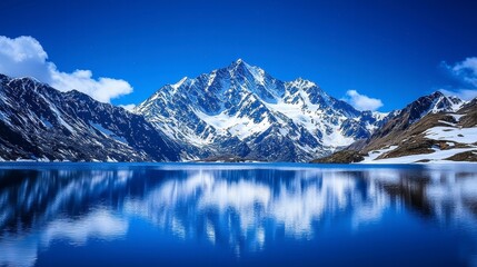 Fototapeta premium Snow Capped Mountain Reflected in a Serene Blue Lake