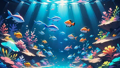 Colorful Pixel Art Underwater Scene with Fish and Coral Reefs