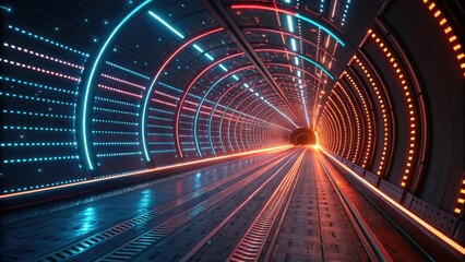 Fototapeta premium Drone footage reveals a vibrant, digital neon tunnelâ€”a 3D abstract of lightning-fast internet speed and server power.
