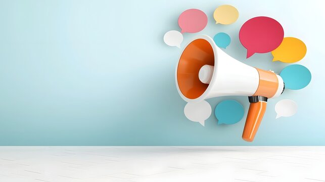Colorful megaphone surrounded by speech bubbles representing effective brand messaging and digital outreach for online communities and social networking platforms