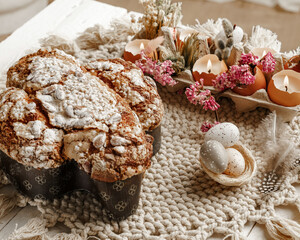 Colomba - Italian traditional Easter bread is topped with pearl sugar and almonds in the shape of a dove. Festive pastries are traditional in Italy.