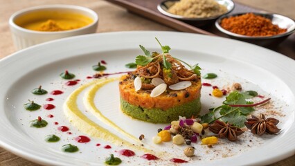 Delicious gourmet dish elegantly plated with colorful garnishes and spices.