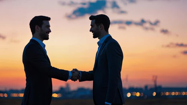 background airline workers shaking Two hands a tarmac with airplanes airport in the on during a beautiful sunset video 4k