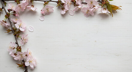 Delicate Cherry Blossom Branch on White Wood Background with Copy Space