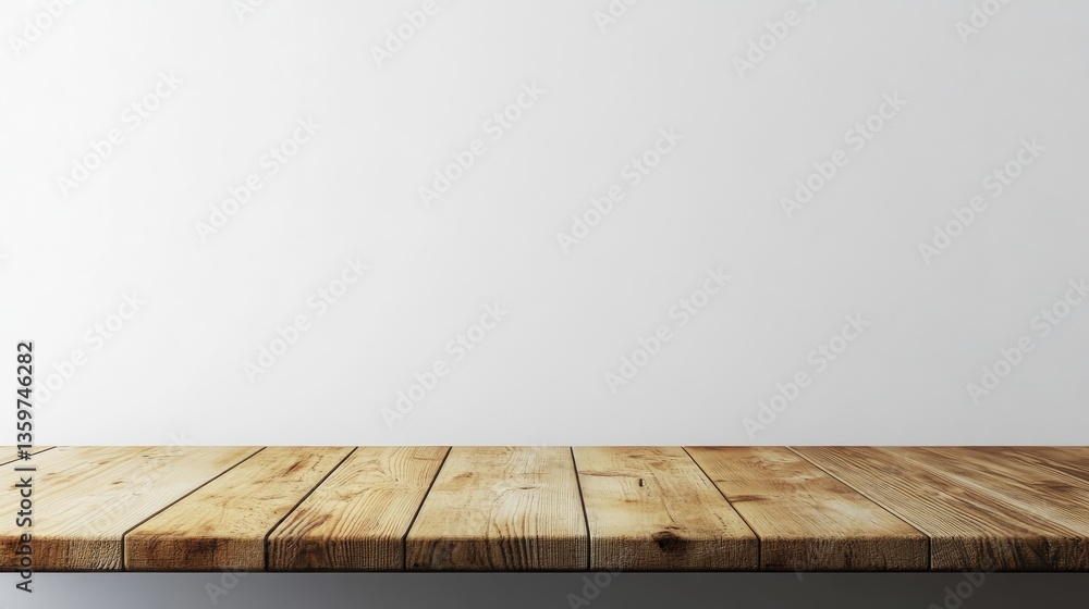 Poster a rustic wooden tabletop against a plain white wall, creating a minimalist backdrop for various disp