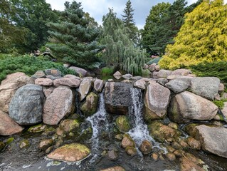 Tranquil Waterfall at Minnesota Landscape Arboretum Surrounded by Lush Greenery