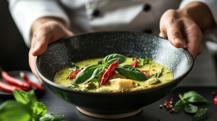 A chef serving a vibrant Thai green curry in a traditional bowl, with fresh basil leaves and chili peppers.