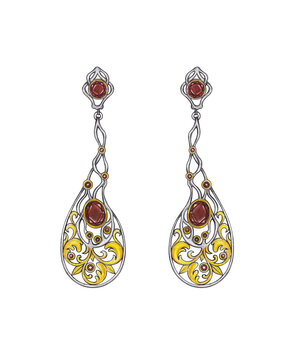 Jewelry design art vintage with modern earrings set with granet hand drawing.