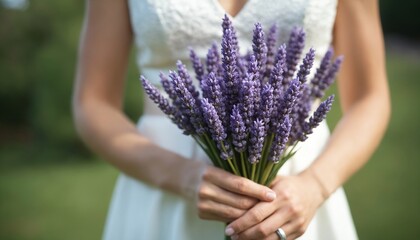 Fototapeta premium Woman holding bouquet of fresh lavender flowers in a garden