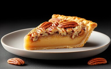 A slice of pecan pie on a gray plate against a dark background. The pie has a golden-brown crust and is filled with a creamy, light brown pecan mixture. Pecan halves are scattered on the plate and