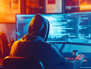 Mysterious person wearing hoodie working on computer systems with dual monitors showing code, in a dimly lit room, representing cybersecurity, hacking, coding, and data protection themes 
