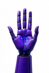 A futuristic purple robotic hand on a white background, symbolizing advanced technology, artificial intelligence, and innovation. The sleek design highlights precision, mechanics