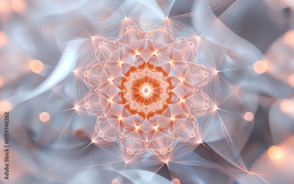Poster abstract fractal art featuring a glowing, peach-colored mandala with intricate details against a sof