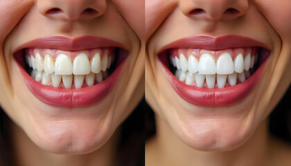A comparison of teeth before and after whitening: one side shows yellowed teeth, while the other side reveals bright, white teeth. The image highlights the effectiveness of teeth whitening treatments.