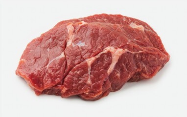 Obraz premium Close-up view of two raw beef steaks on a white background. The beef is a rich red color with visible marbling. The image is well-lit, showcasing the texture and color of the meat