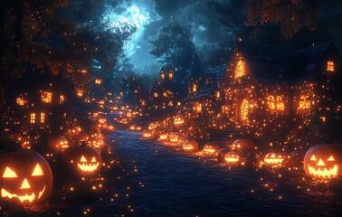  Spooky Halloween Path with Glowing Jack-o'-Lanterns and Illuminated Houses
