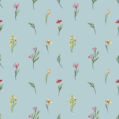 Seamless watercolor floral pattern with delicate wildflowers. Elegant hand-painted botanical design for fabric, wallpaper, invitations, and scrapbooking. Soft natural aesthetics in pastel tones