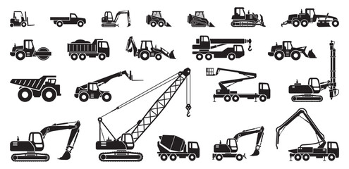 simple large construction vehicle silhouette simplified side view vector set on transparent background