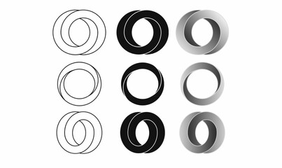 set of abstract impossible circle shapes creating an optical illusion, resembling the letter O in outline, solid, and gradient styles. Perfect for logos and designs