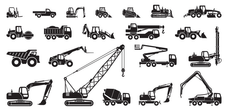 simple large construction vehicle silhouette simplified side view vector set on transparent background