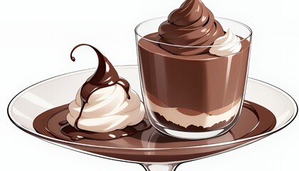 Elegant Chocolate Mousse Dessert Illustration with Whipped Cream and Chocolate Sauce