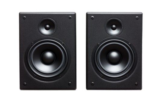 Stylish black speakers are designed with powerful woofers and tweeters for an immersive audio experience. Ideal for music lovers and home theater enthusiasts looking for clarity and depth in sound